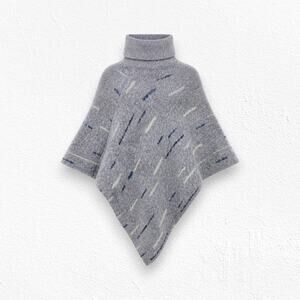 Y2K Gray Fuzzy Acrylic Poncho Cowl Neck 2000 Boho Abstract Dash Pattern One Size